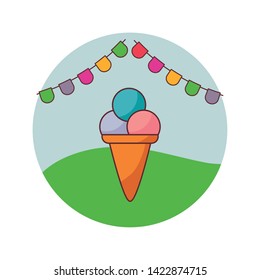 delicious ice cream in cone with garlands in frame circular