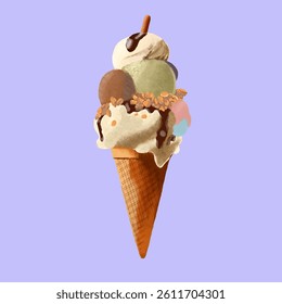 Delicious Ice Cream Cone Illustration with Multiple Flavors and Toppings