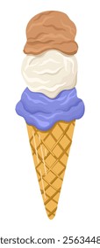 Delicious Ice Cream Cone in pastel colors. Tasty sundae with bubble gum, vanilla, and chocolate flavors. Vector.