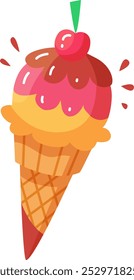 A delicious ice cream cone showcases three bright flavors topped with a cherry perfect for a summer treat on a sunny day.