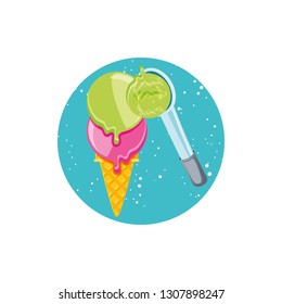 delicious ice cream in cone with spoon serving