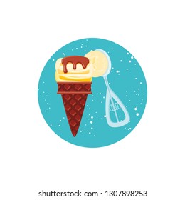 delicious ice cream in cone with spoon serving