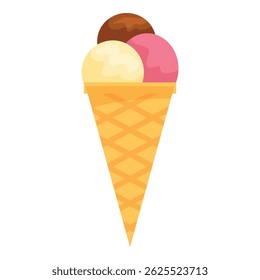 Delicious ice cream cone standing up with chocolate, vanilla and strawberry flavors