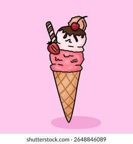 Delicious ice cream cone with strawberry and vanilla flavor and chocolate topping