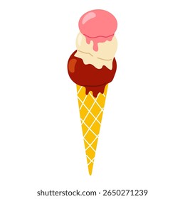Delicious ice cream cone with three flavors enjoyed on a warm summer day