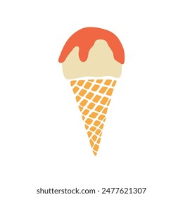 Delicious ice cream cone vector illustration. Vanilla gelato with fruit topping in waffle cone. Cute minimalist hand drawn frozen dessert food, summer yummy treat