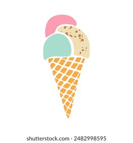 Delicious ice cream cone vector illustration. Colorful scoops of strawberry, mint and vanilla with chocolate chips gelato in waffle cone. Cute minimalist hand drawn frozen dessert, summer yummy treat