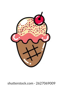 Delicious ice cream cone vector with sprinkles and a cherry on top. Great for summer designs, dessert-themed projects, cute packaging, and food illustrations.