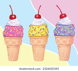 Delicious Ice cream cones vector set of different flavors and colors for summer and vacation designs