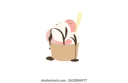 A delicious ice cream cup with dripping chocolate sauce, with ice cream scoops and a spoon