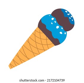 Delicious Ice Cream Dessert, Isolated Icon Of Tasty Summer Dessert. Diary Product With Topping And Crunchy Waffle And Chocolate Cream Filling. Healthy Refreshing Meal Food. Vector In Flat Style