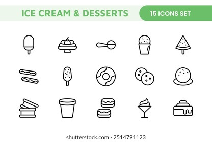 Delicious Ice Cream and Desserts Icons: A Sweet Collection for Menu Design, Recipe Apps, Bakery Projects, and Dessert Shops with Creative, Mouth-Watering Visuals