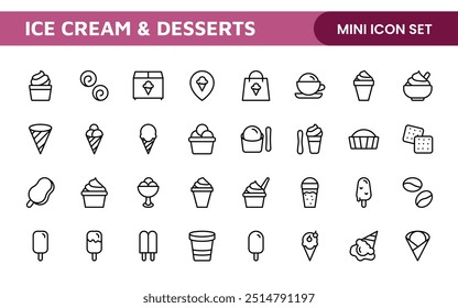 Delicious Ice Cream and Desserts Icons: A Sweet Collection for Menu Design, Recipe Apps, Bakery Projects, and Dessert Shops with Creative, Mouth-Watering Visuals