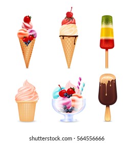 Deliciosos helados de diferentes tipos con bayas y chocolate realistas aislados en ilustración vectorial de fondo blanco