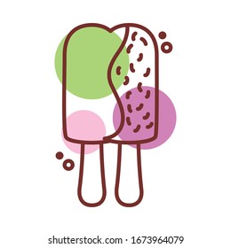 delicious ice cream in double stick with two flavors line color style vector illustration