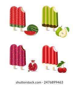 delicious ice cream in double stick with two flavors flat style vector illustration. Set or collection. Isolated on white background. Pear, watermelon, cherry and pomegranate flavors.