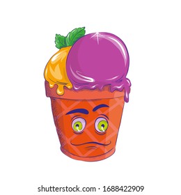 Delicious ice cream with an emotional face, drawn in cartoon flat style. Vector for design t-shirts typography cards and posters. Funny cartoon picture in a flat style. Hello summer, hot season.
