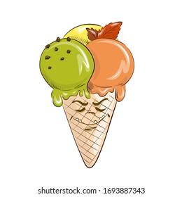 Delicious ice cream with an emotional face, drawn in cartoon flat style. Vector for design t-shirts typography cards and posters. Funny cartoon picture in a flat style. Hello summer, hot season.