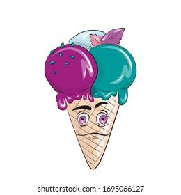 Delicious ice cream with an emotional face, drawn in cartoon flat style. Vector for design t-shirts typography cards and posters. Funny cartoon picture in a flat style. Hello summer, hot season.