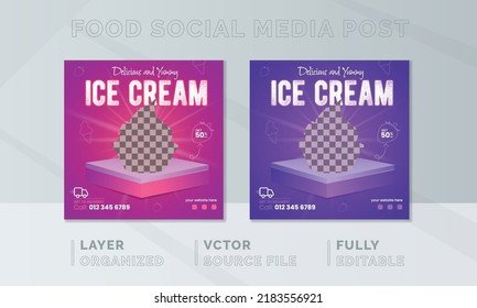 Delicious Ice Cream Food Banner de diseño de medios sociales, Creative restaurant post template, Modern squire diseño de banner web, volante de promoción de negocios de comida en línea, afiches, diseño de marketing, cubierta de venta.