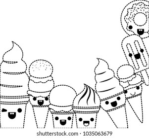 delicious ice cream group and donut kawaii characters