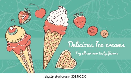 Delicious ice cream hand drawn banner with fruit, tasty eating and natural ingredients concept