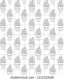 Delicious ice cream icon in geometric grid and white background. Vector illustration. Cartoon seamless pattern. Digital art for wallpapers or book covers. Simple logotype design in black line. 