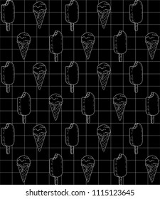 Delicious ice cream icon in geometric grid and black background. Vector illustration. Cartoon seamless pattern. Digital art for wallpapers or book covers. Simple logotype design in white line. 