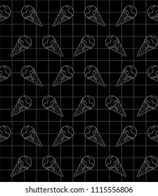 Delicious ice cream icon in geometric grid and black background. Vector illustration. Cartoon pattern. Digital art for wallpapers or book covers. Simple logotype design in white line. 