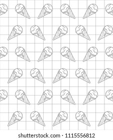 Delicious ice cream icon in geometric grid and white background. Vector illustration. Cartoon pattern. Digital art for wallpapers or book covers. Simple logotype design in black line. 