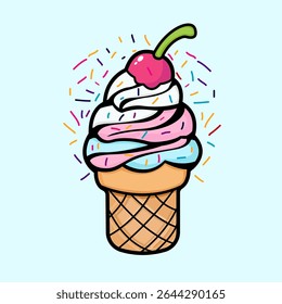 delicious ice cream illustration in kawaii style