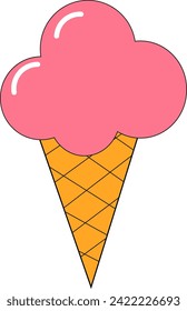 Delicious ice cream illustration in retro cartoon style. Groovy style, vintage, 70-60s aesthetics. Groove style. Valentine's Day. Vector illustration