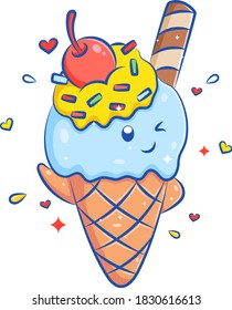 Delicious ice cream kawaii character with cherry fruit and chocolate of illustration