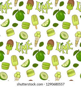 Delicious ice cream and lime color seamless vector handdrawn pattern.