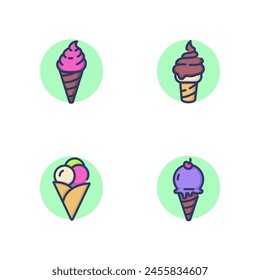Delicious ice cream line icon set. Tasty sundae bubbles in cone, soft cherry ice cream, cone. Desserts concept. Vector illustration for web design and apps