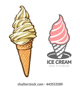 delicious ice cream logo, vector illustration sketch of the logo isolated on white background. sketch tasty and juicy ice cream closeup with waffle cones isolated