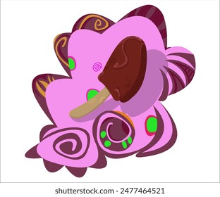 A delicious ice cream on a stick; bright, funky, vintage background. This cartoon illustration can be used as a logotype for cafes, cafeterias, bars, ice cream shops and stores. Vector, isolated.
