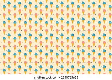 Delicious ice cream pattern texture vector on a cream color background. Cone ice cream repeating pattern design with colorful toppings. Dessert shop wallpaper and background pattern vector.