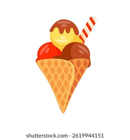Delicious ice cream scoops of different flavors with chocolate topping in waffle cone is melting