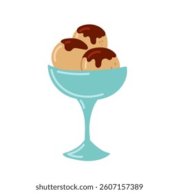 Delicious ice cream served in a colorful dish with chocolate sauce topping