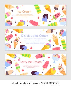 Delicious ice cream - set of flat design style web banners with copy space for your information. Colorful website templates with scoops, popsicle, sugar cone, soft serve, chocolate bar. Summer time