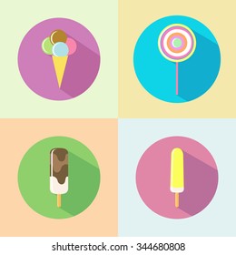 Delicious ice cream, set flat icons with long shadow.