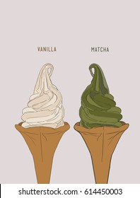 Delicious ice cream soft serve in cone. Vanilla and matcha green tea. vector 