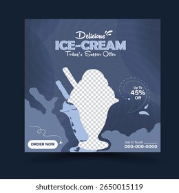 Delicious Ice Cream Summer Cool Social Media Promotion Ads Poster Flyer Leaflet Web Banner Cover Design Vector Illustration, Food Menu Vector Template. Chocolate Coated Ice Cream Cone Vanilla Filling