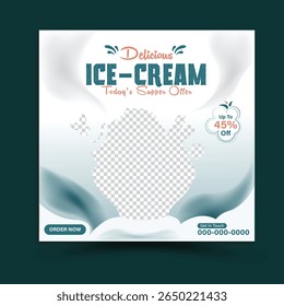 Delicious Ice Cream Summer Cool Social Media Promotion Ads Poster Flyer Leaflet Web Banner Cover Design Vector Illustration, Food Menu Vector Template. Chocolate Coated Ice Cream Cone Vanilla Filling
