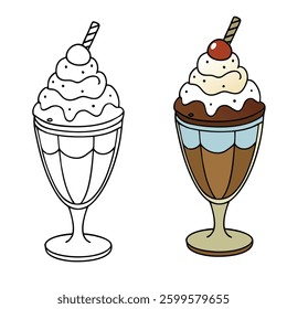 A delicious ice cream sundae topped with rich, velvety chocolate sauce, drizzling over scoops of creamy ice cream, finished with whipped cream and a cherry on top!