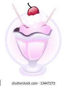 Delicious ice cream sundae for two with strawberry ice cream and cherry.