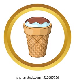 Delicious ice cream vector icon in golden circle, cartoon style isolated on white background