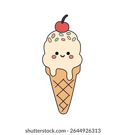Delicious ice cream vector. Summer coloring page with a cute of ice cream cone with cherry. Ice cream cone coloring pages for kids. 
