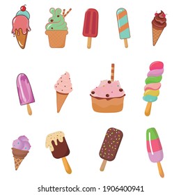 Delicious ice creams many flavors, many forms. Ice cream vector illustration.